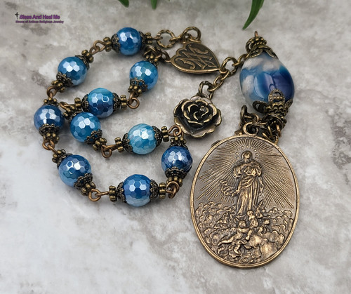 Assumption of Mary Angels Blue Agate Bronze Antique Style Ornate Chaplet