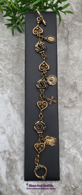 Lourdes Sacred Heart of Jesus Roses Hearts Solid Bronze Antique Style Women's Bracelet
