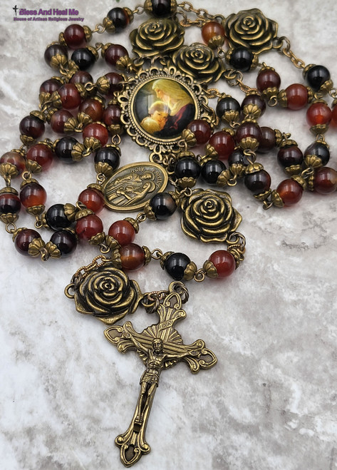 Mother Mary Roses Brown Agate Bronze Tone Ornate Rosary