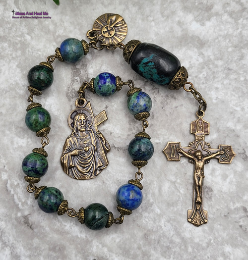 Sacred Heart of Jesus Carrying the Cross Holy Eucharist Turquoise Chrysocolla Bronze Chaplet