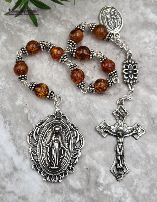 Miraculous Virgin Mary Lourdes Baltic Amber Sterling Silver pltd Ornate Chaplet