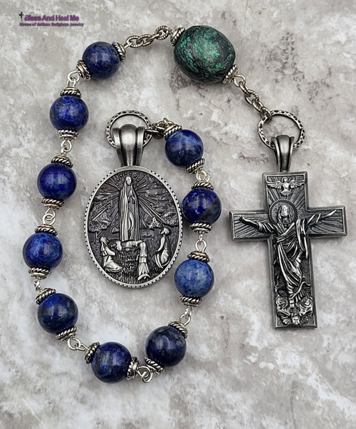 Our Lady of Fatima Lapis Turquoise Silver Pewter Antique Style mens Chaplet