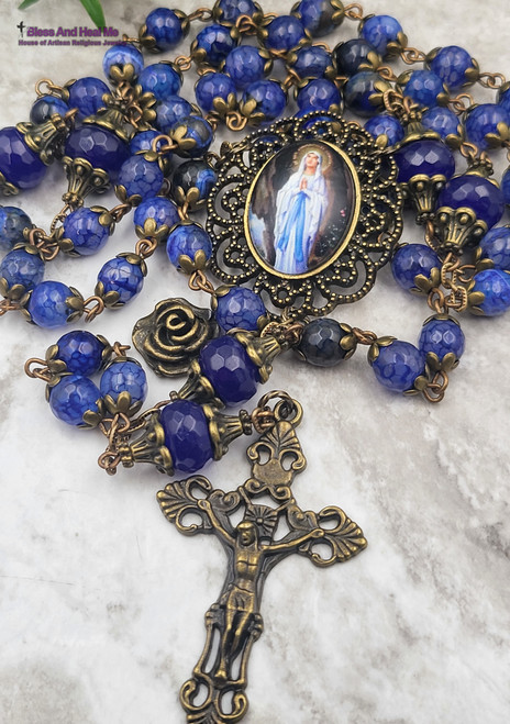 Our Lady of Lourdes Blue Agate Ornate Rosary bronze finish