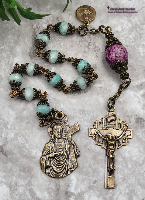Sacred Heart of Jesus Carrying the Cross Therese Amazonite Bronze Ornate Chaplet