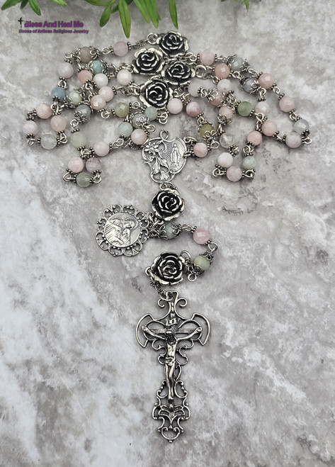 Miraculous Mary Jesus Embrace Holy Communion Aquamarine Morganite Rose Quartz Sterling silver Antique style Ornate Rosary