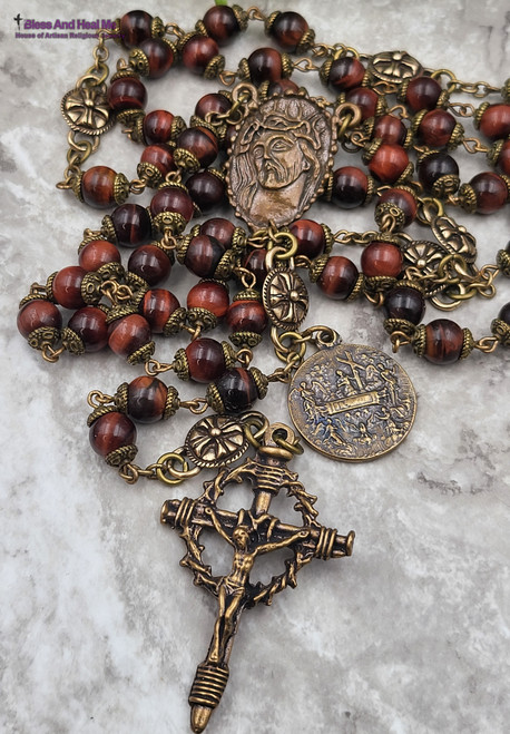 Chaplet of Precious Blood Crown of Thorns Red Tiger Eye Bronze Antique Style
