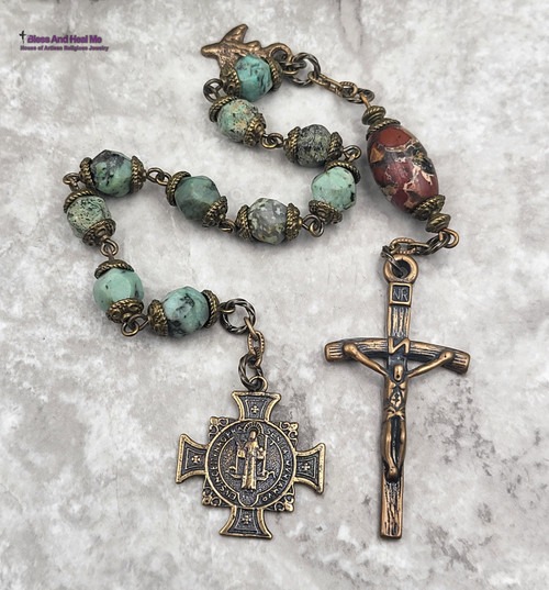 St Benedict Holy Spirit Turquoise Jasper Bronze Antique Style mens Chaplet