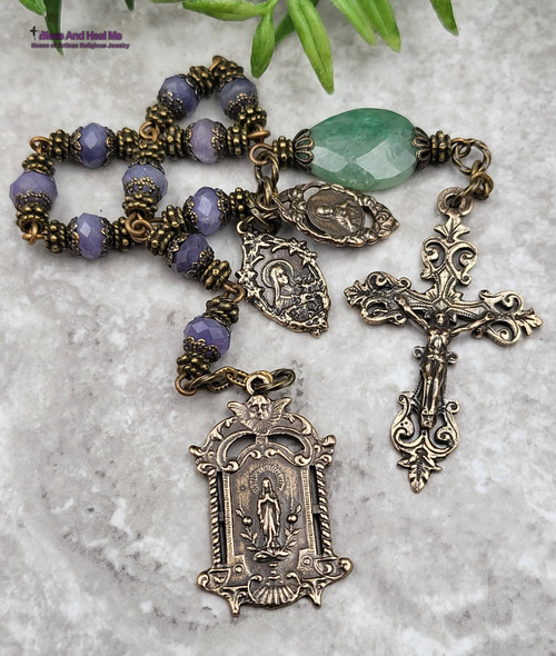 Immaculate Mary Sacred Heart Therese Tanzanite Aventurine Vintage Bronze Ornate Chaplet