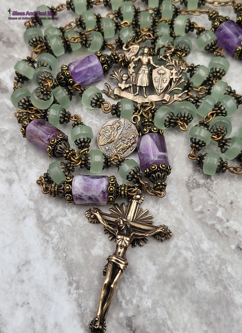 Joan of Arc Michael Mint Calcedony Amethyst Vintage Bronze Ornate Rosary