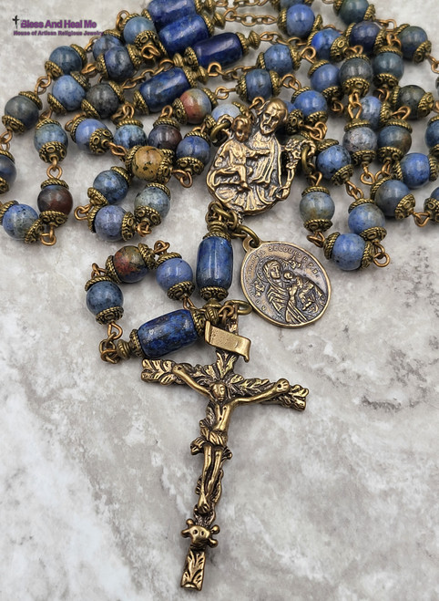 St Joseph Sacred Heart Blue Dumortierite Lapis Bronze Antique style Rosary