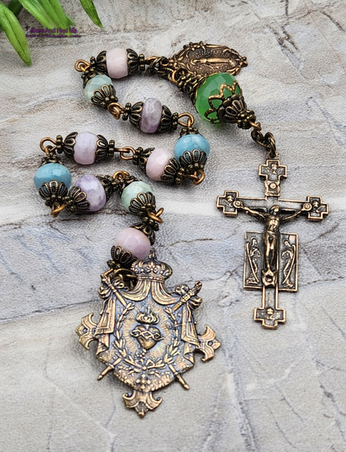 Sacred Heart Miraculous Mary Aquamarine Morganite Moonstone Vintage Bronze Ornate Chaplet