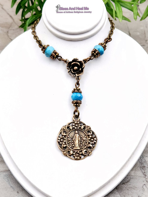 Miraculous Mary Apatite Vintage Bronze Antique Style Catholic Necklace Pendant