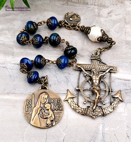 Stella Maris Sailors,Mariners Protection Anchor Crucifix Blue Agate Pearl Bronze Chaplet