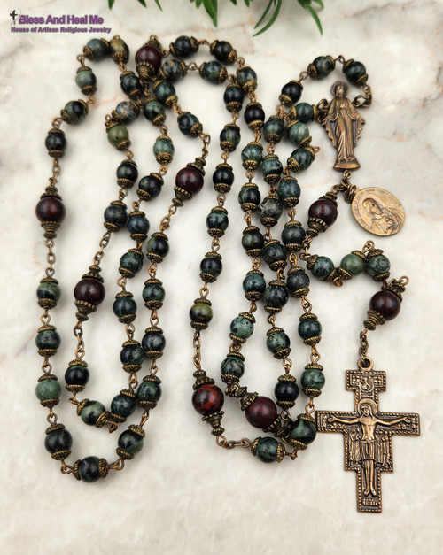 7 Joys of Mary Franciscan Crown 7 Decades Vintage Bronze Green Jasper Rosary