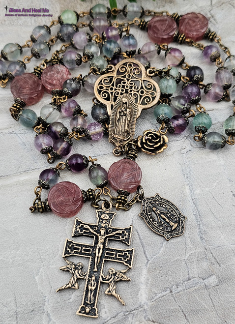 Mother Mary Baby Jesus Lamb Rose Quartz Bronze Tone Ornate Rosary
