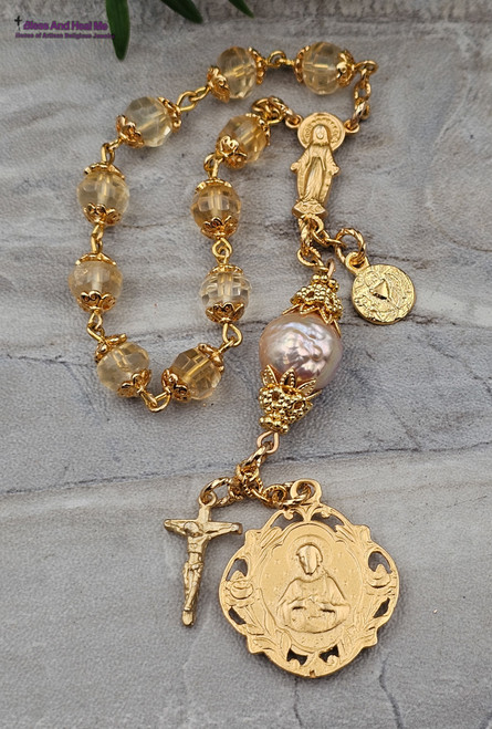 Miraculous Mary Sacred Heart of Jesus Citrine Pearl 22k Gold Pltd Ornate Chaplet