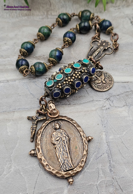 St Jude Chrysocolla Turquoise Bronze Antique style Chaplet