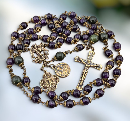 Archangel Michael Raphael Gabriel Amethyst Jade Bronze Antique style Rosary