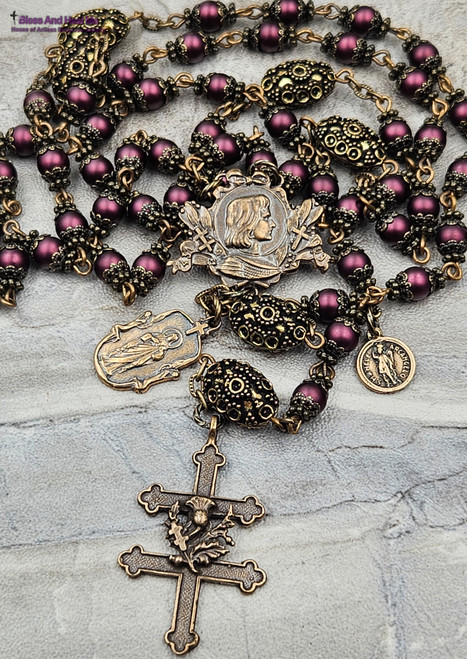Joan of Arc Michael Jesus Plum Pearl Shell Vintage Bronze Ornate Rosary