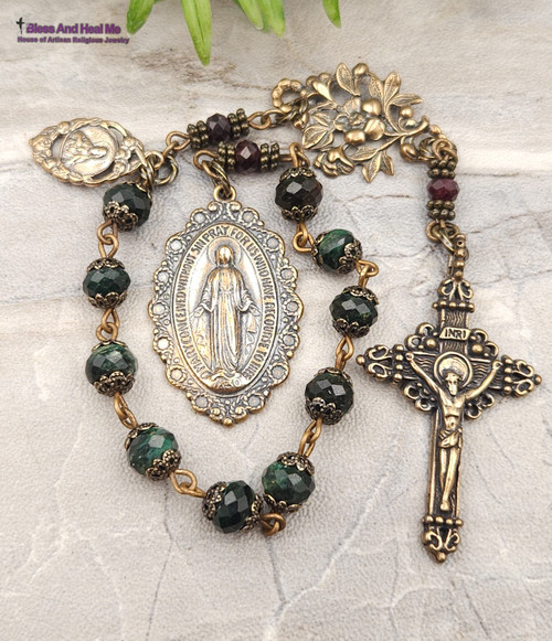 Miraculous Mary Sacred Heart Emerald Vintage Bronze Ornate Chaplet