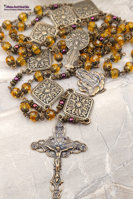 Miraculous Radiant Mary Lourdes Citrine Vintage Bronze Ornate Antique Style Rosary