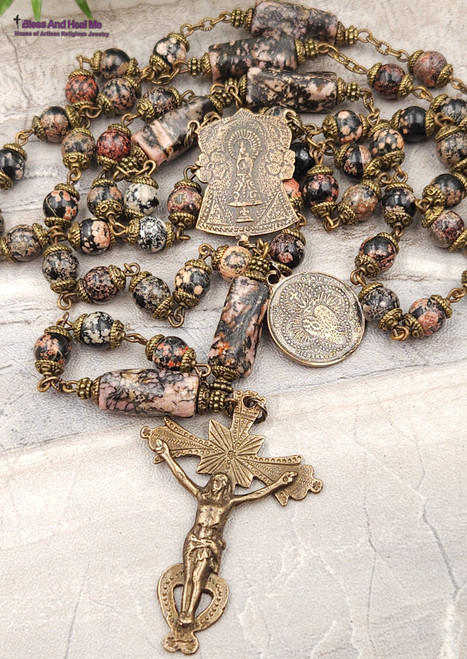 Lady of the Pillar Sacred Heart Jasper Rhodonite Vintage Bronze Rosary