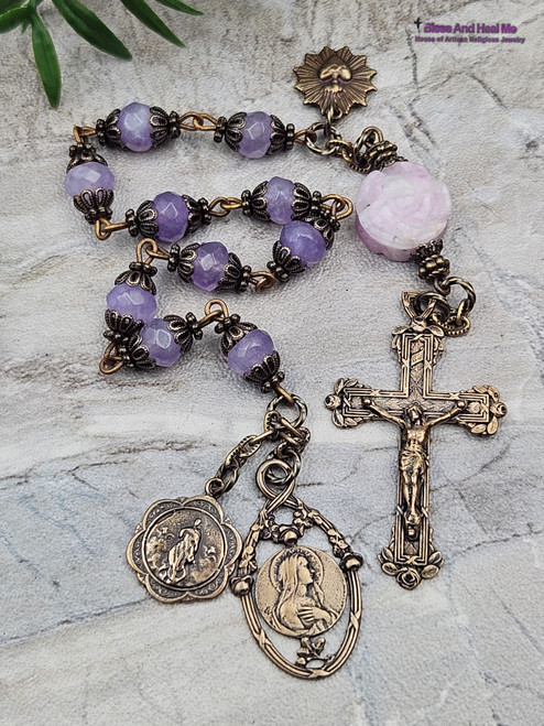 Virgin Mary Assumption Lavender Jade Vintage Bronze Ornate Chaplet