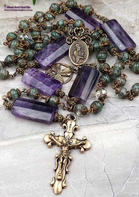 St Patrick Bridget Shamrock Green Quartz Amethyst Vintage Bronze Rosary