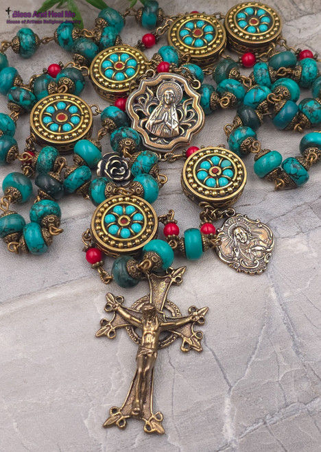 Lourdes Jesus St Therese Turquoise Coral Vintage Bronze Rosary