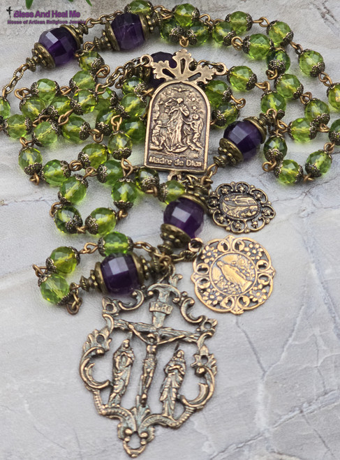 Mary Undoer of Knotts Lourdes Green Baltic Amber Vintage Bronze Rosary