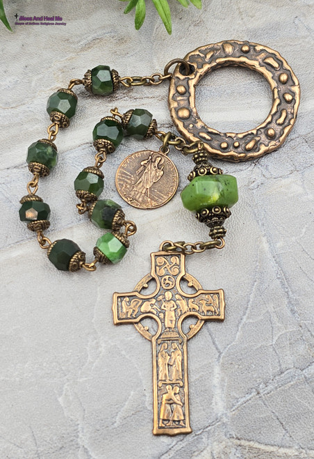 St Patrick Penal Celtic Green Jade Vintage Bronze Chaplet