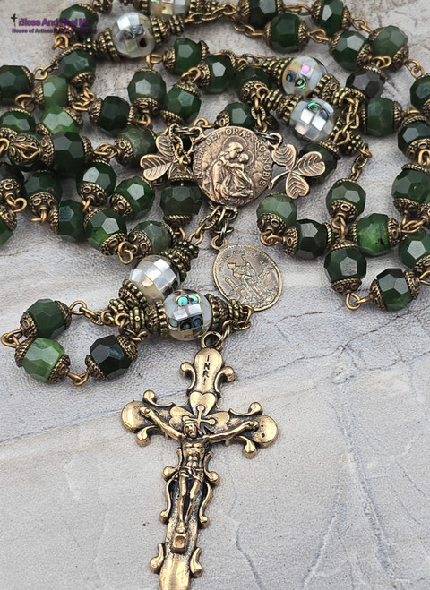 Mother Mary St Patrick St Brigid Rosary - Shamrock Green Jade & Pearl Shell | Vintage Bronze Irish Catholic Prayer Beads