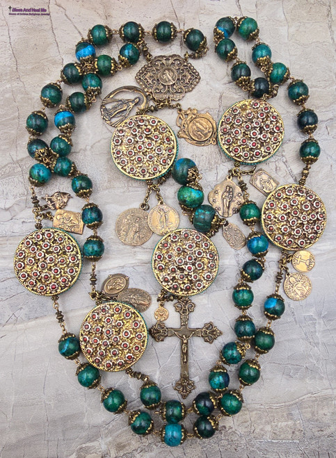 One-of-a-kind collector's edition antique-style grand Marian devotional heirloom rosary featuring Our Lady's life and apparitions with solid bronze medals of Annunciation, Assumption, Coronation, Virgin Mary, Miraculous Mary, Lourdes, Mother Mary, Immaculate Heart, Lady of Fatima, Lady of Medjugorje, Perpetual Help, Lady of the Rosary, Lady of the Pillar with Angels, Lady of Carmel, Sacred Heart of Jesus, and Holy Sacraments, crafted with chrysocolla, artisan turquoise, and red coral floral beads for Catholic prayer and devotion.