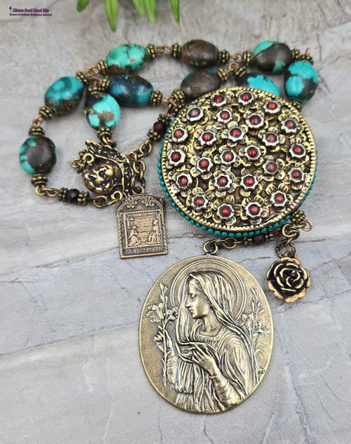 One-of-a-kind collector's edition antique-style extra-large chaplet featuring solid bronze medals of Blessed Virgin Mary with Lilies, Archangel Gabriel Annunciation, and an Angel, crafted with turquoise, artisan turquoise, and red coral floral beads for Catholic prayer and devotion.