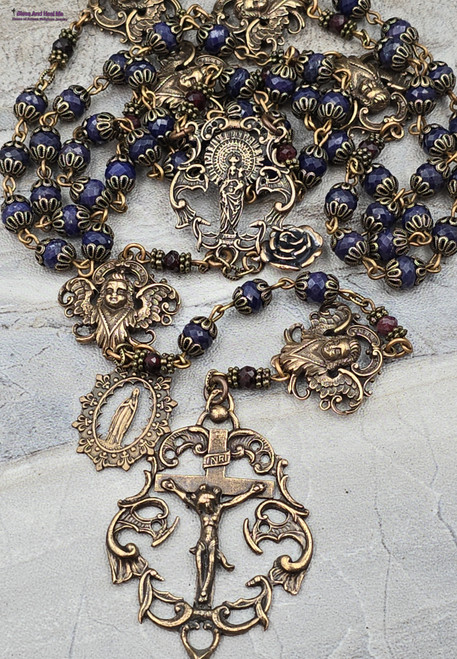 Radiant Mother Mary Lourdes Angels Rosary-Genuine Blue Sapphire-Vintage Bronze Prayer Beads