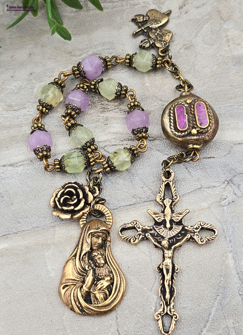 Mother Mary Jesus Tween Hearts Antique-Style Chaplet-Green Lavender Jade&Bronze Medals