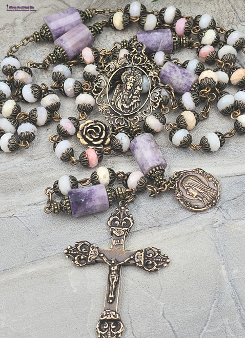 Unique antique-style rosary featuring solid bronze medals of Crowned Mother Mary with Baby Jesus, Blessed Virgin Mary, and Our Lady of Lourdes, crafted with multicolor pastel opal and lepidolite beads for Catholic prayer and devotion.