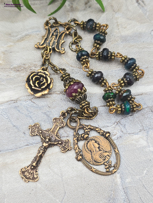 Blessed Virgin Mary Antique Bronze Medal with Opal and Ruby - Ornate Heirloom Chaplet, One of a Kind Miraculous Mary Solid Bronze Medal with Genuine Fire Opal and Red Ruby Gemstones, Antique Style