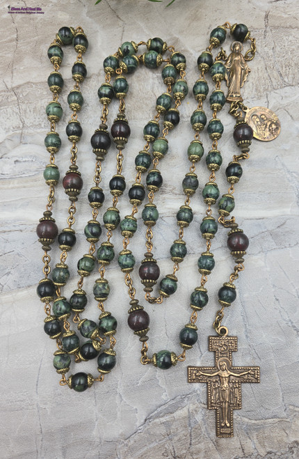 Seven Joys of Mary Franciscan Crown Rosary - 7 Decade Antique Bronze Medals with Miraculous Mary Center, Sacred Heart and Carmel Medals