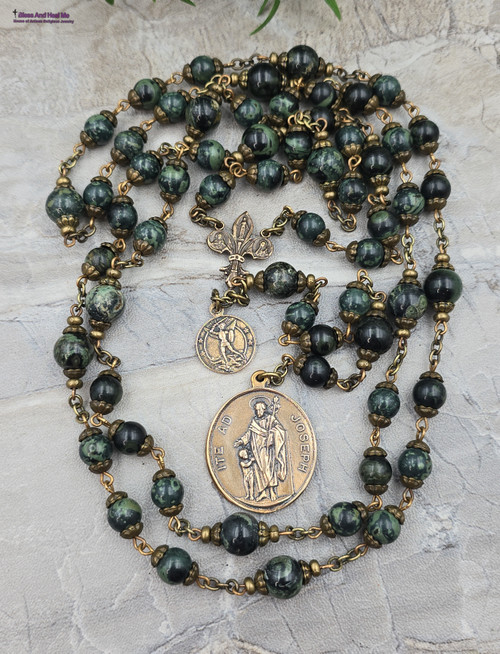 Devotional St. Joseph chaplet featuring solid bronze medals: St. Joseph with Guardian Angel on the back, Archangel Michael with Sacred Heart of Jesus and Our Lady of Carmel, and a 3-way medal with Sacred Heart of Jesus, Miraculous Mary, and St. Therese, crafted with green Kambaba jasper prayer beads for Catholic meditation and reflection.