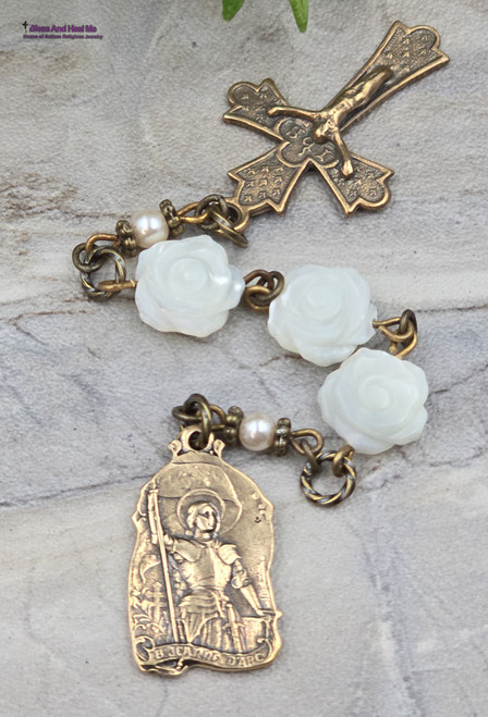 One-of-a-kind antique-style 3-bead pocket chaplet with handcasted solid bronze medals of Joan of Arc and St Anne, adorned with mother of pearl rose beads