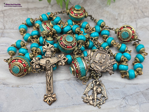 Antique-style heirloom rosary with solid bronze St Joan of Arc center and Archangel Michael medal, turquoise and red coral beads