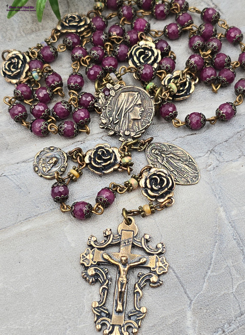 Antique-style heirloom rosary with solid bronze Ave Maria center, Lourdes/Immaculate Conception and Sacred Heart of Jesus medals, bronze rose Our Father beads, genuine red ruby and Welo fire opal beads