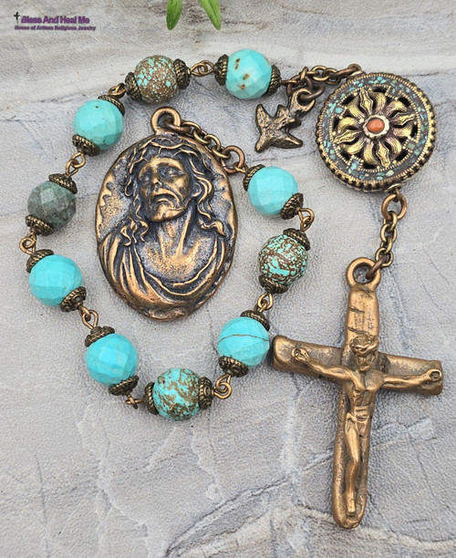 Vintage-style masculine heirloom chaplet with large 3D Holy Face of Jesus Crown of Thorns medal signed by artist, Holy Spirit medal, turquoise beads, and handcrafted turquoise and red coral focal Our Father bead