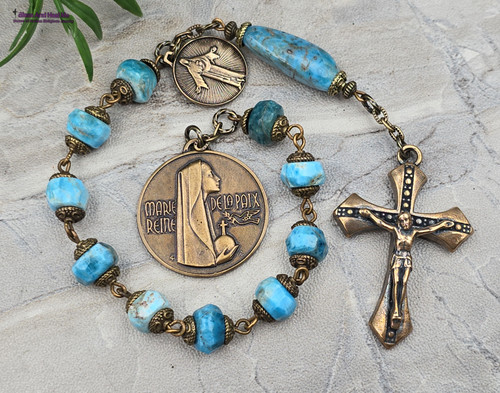 One-of-a-kind ornate antique-style heirloom chaplet with solid bronze medals of Our Lady of Peace, Jesus, and Tween Hearts, crafted with genuine apatite beads.