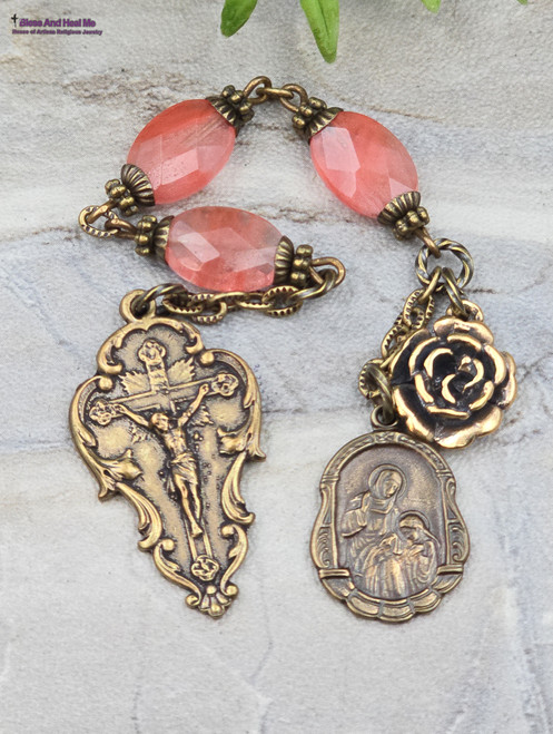 One-of-a-kind antique-style 3 bead pocket chaplet devoted to St. Anne, with handcast solid bronze medal and watermelon quartz beads.