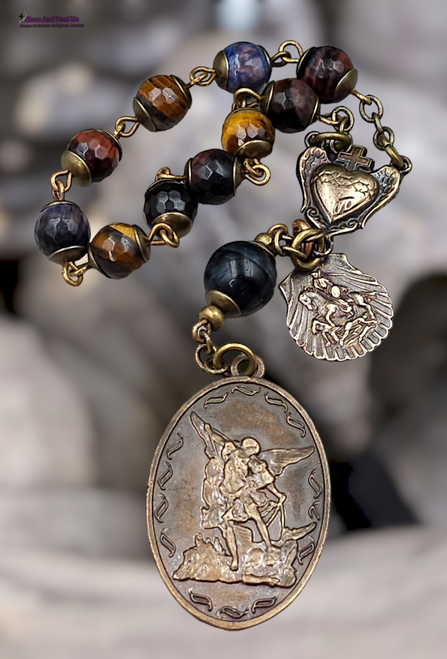 One-of-a-kind antique-style heirloom chaplet with solid bronze medals of Archangel Michael, Guardian Angel, St. George, and Sacred Heart with Wings, crafted with Multicolor Tiger Eye beads.