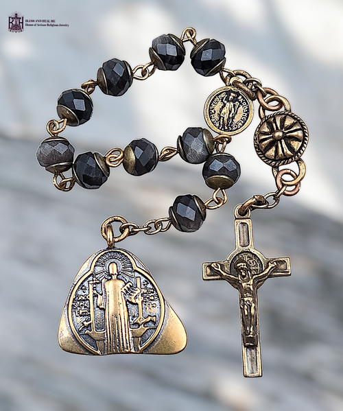 St Benedict Archangel Michael heritage bronze chaplet with obsidian gemstones spiritual protection