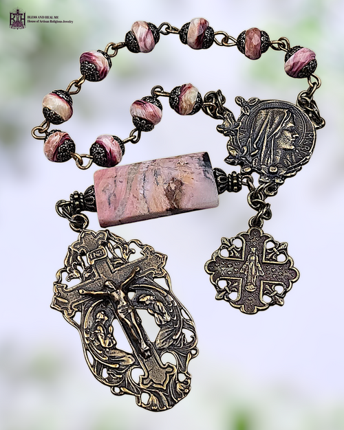 Ave Maria Miraculous Mary Angels Adoring Cross heritage bronze rosary genuine oyster shell rhodonite