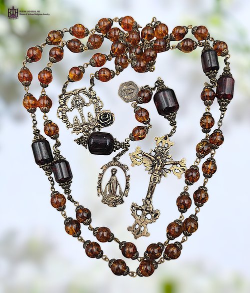 Marian Our Lady Pillar Angels Miraculous Mary Assumption Mary premium heritage bronze Spanish Colonial Baroque style rosary genuine baltic honey cognac amber